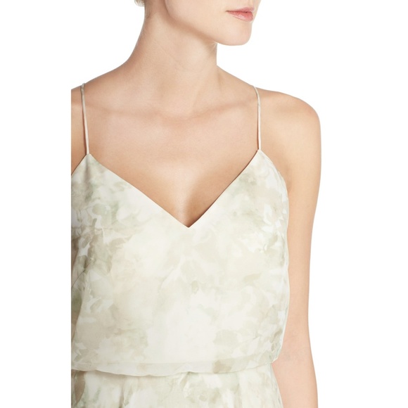 Jenny Yoo Inesse Chiffon V-Neck Spaghetti Strap Gown Floral Grey Multi Size 12 - Picture 2 of 12